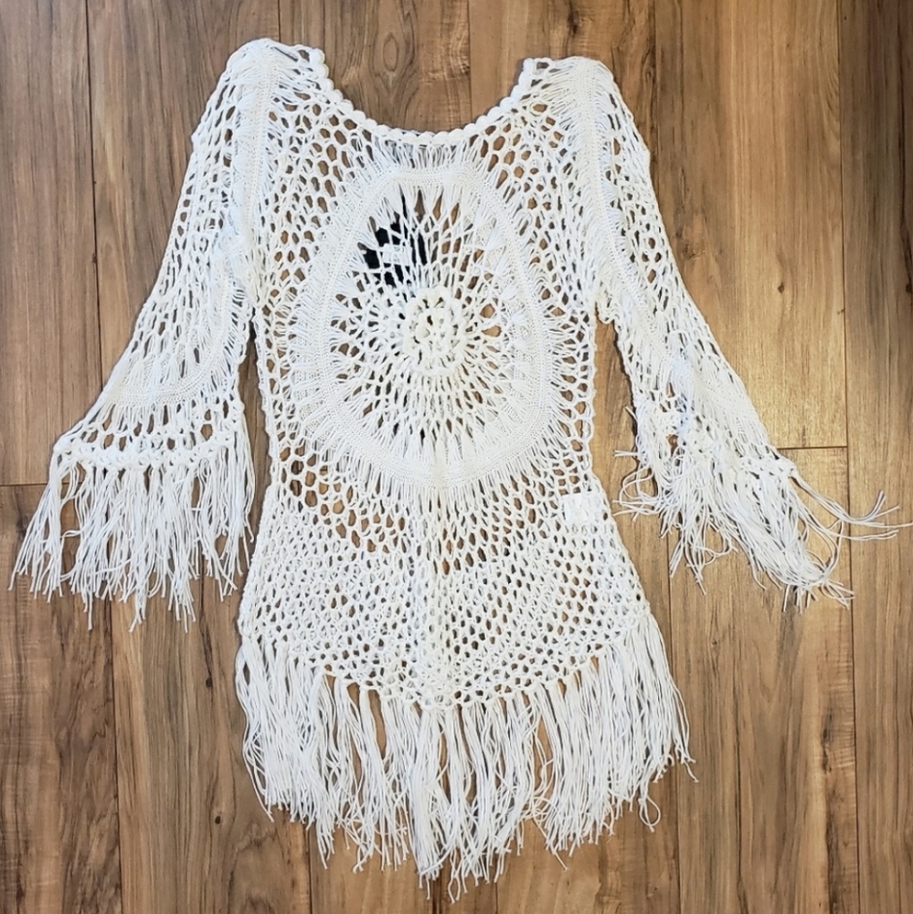 Sexy White Crochet Swim Coverup Boho Mini Dress M